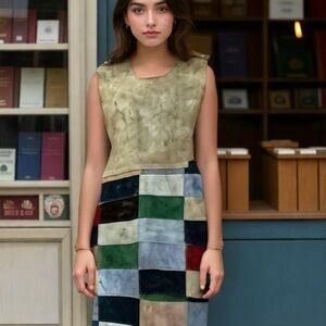 60s NEIMAN MARCUS SUEDE BOHO JUMPER PINAFORE PATCHWORK MINI DRESS JUNIOR SZ S